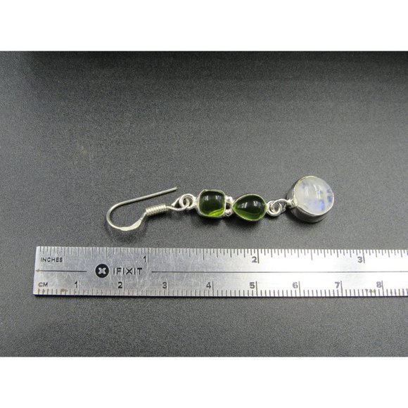Sterling Silver Green Glass And Round Moonstone Earrings Vintage Wedding - Picture 6 of 7